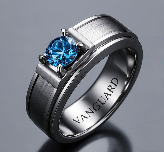 Waterproof Titanium Steel Ring | 1ct Lab-Created Blue Diamond | Custom Engraving for Men